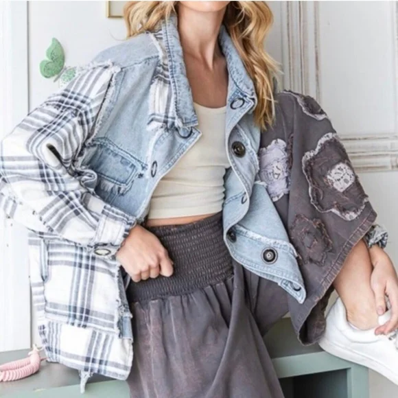 OLI & HALI -Plaid Pieced Denim Jacket Size small - Picture 3 of 10